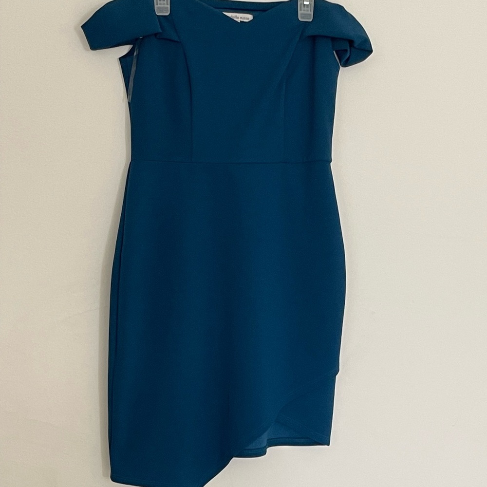 Blue, asymmetrical off the shoulder mini dress